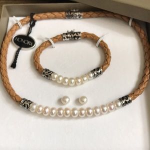 Luxurious Honora Tan Braided Leather Cultured Freshwater Pearl Sterling 3p/c Set